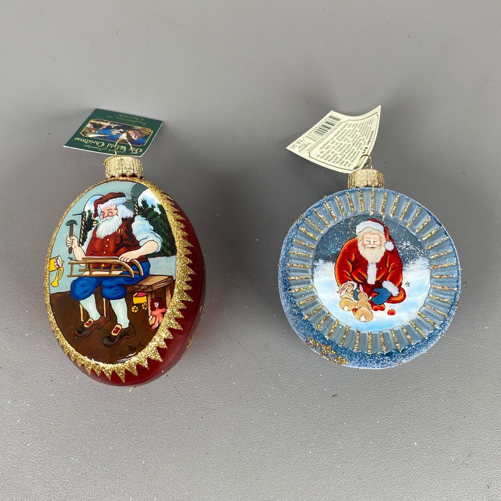 2 Old World Christmas Inside Art Glass Holiday Ornaments Santa Gold Red & Blue